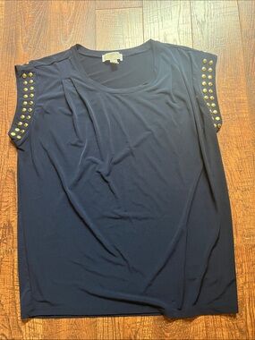 MICHAEL Michael Kors Navy Short Sleeve Top with Gold Studs on Shoulders